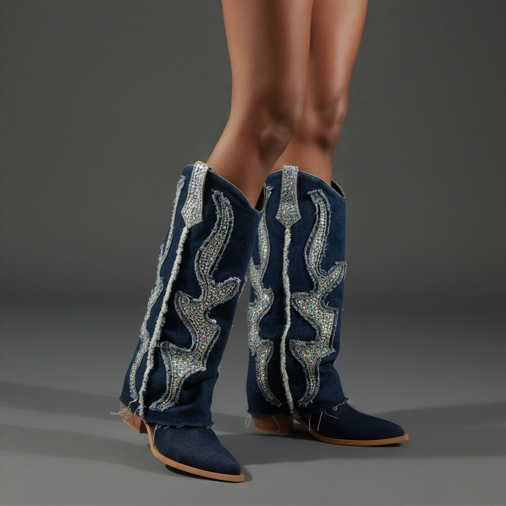 Tuhoomall Western Cowboy Boots for Women - Comfortable Rhinestone Foldable Design for Casual, Outdoor, or Party Wear