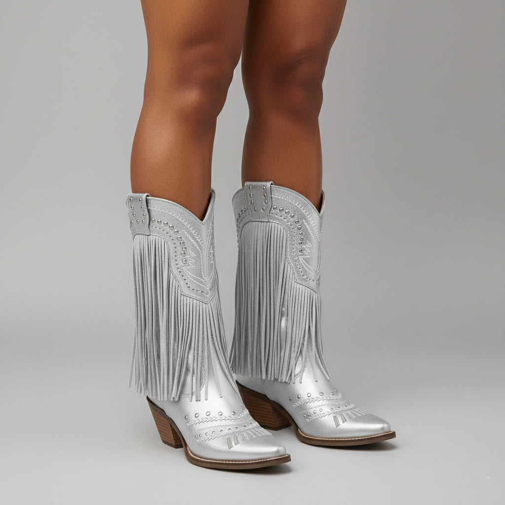 Tuhoomall Western Style Mid Calf Boots with Fringe and Studs - Comfortable Slip-On Design for Parties and Casual Outings Tuhoomall