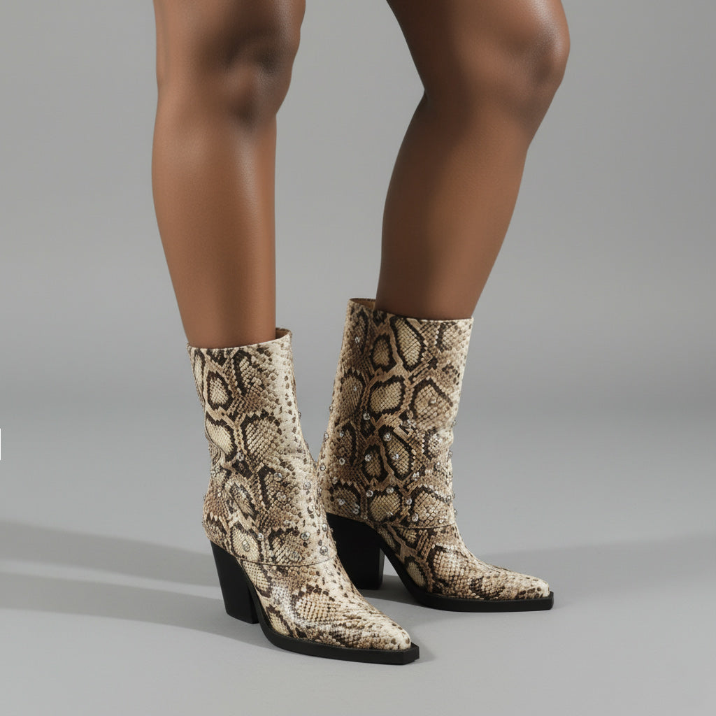 Tuhoomall Desert Style Chunky Heeled Western Ankle Boots with Animal Print and Rhinestone Embellishments for Fashionable Casual Wear