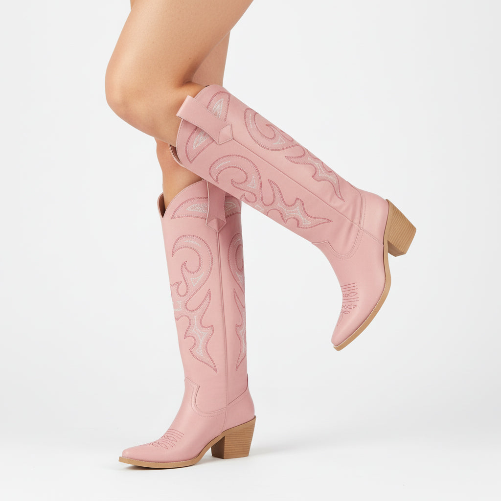 Tuhoomall Western Style Knee High Boots With Rhinestones & Embroidery, Trendy Chunky Heels For Casual Office Wear, All Season Comfort