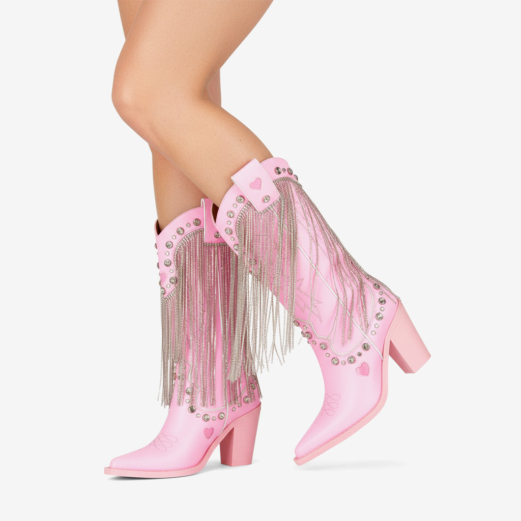 Tuhoomall Chunky Heel Western Rhinestone Booties with Fringes for Fashion Events, Pointed Toe, Slip-On Style, All-Day Comfort, Eye-Catching Design