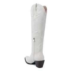 Tuhoomall Western Knee-High Cowgirl Boots with Embroidery, Chunky Heel, Slip-On Design for Outdoor Adventures
