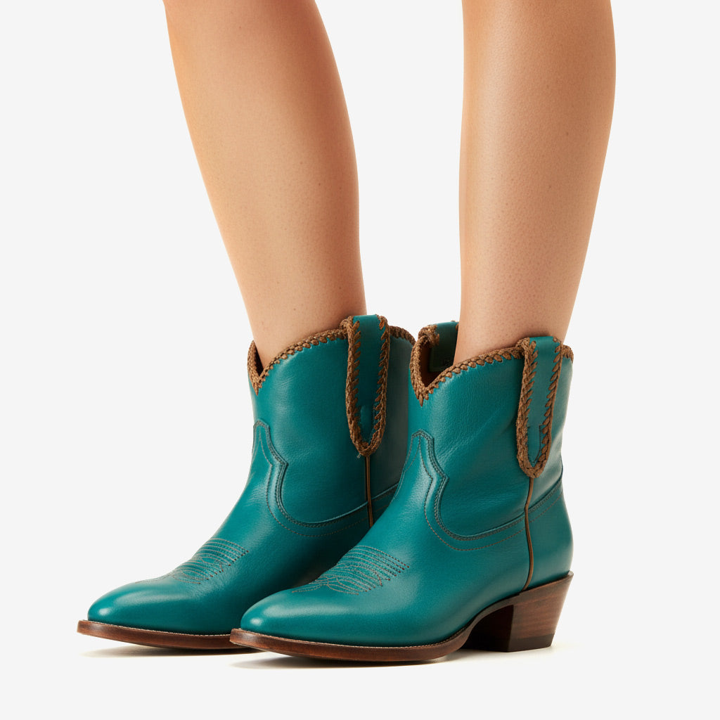 Tuhoomall Comfortable Western Style Ankle Boots for Women, Casual Workwear, Round Toe, Chunky Heel, Seasonless, Woven Colorblock Design