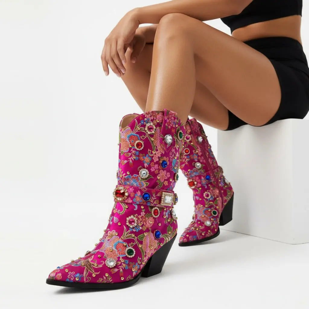 Tuhoomall Western Floral Embroidered Rhinestone Mid Calf Boots for Women, Chunky Heel, Water-Resistant Satin, Stylish for Spring Autumn Winter Tuhoomall