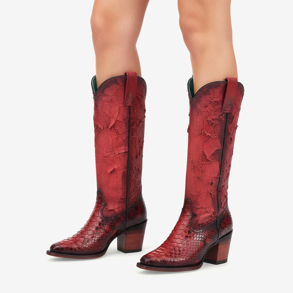 Tuhoomall Western Style Knee-High Cowboy Boots for Performances, Retro Trendy Design, Fashionable Snakeskin with Chunky Heel