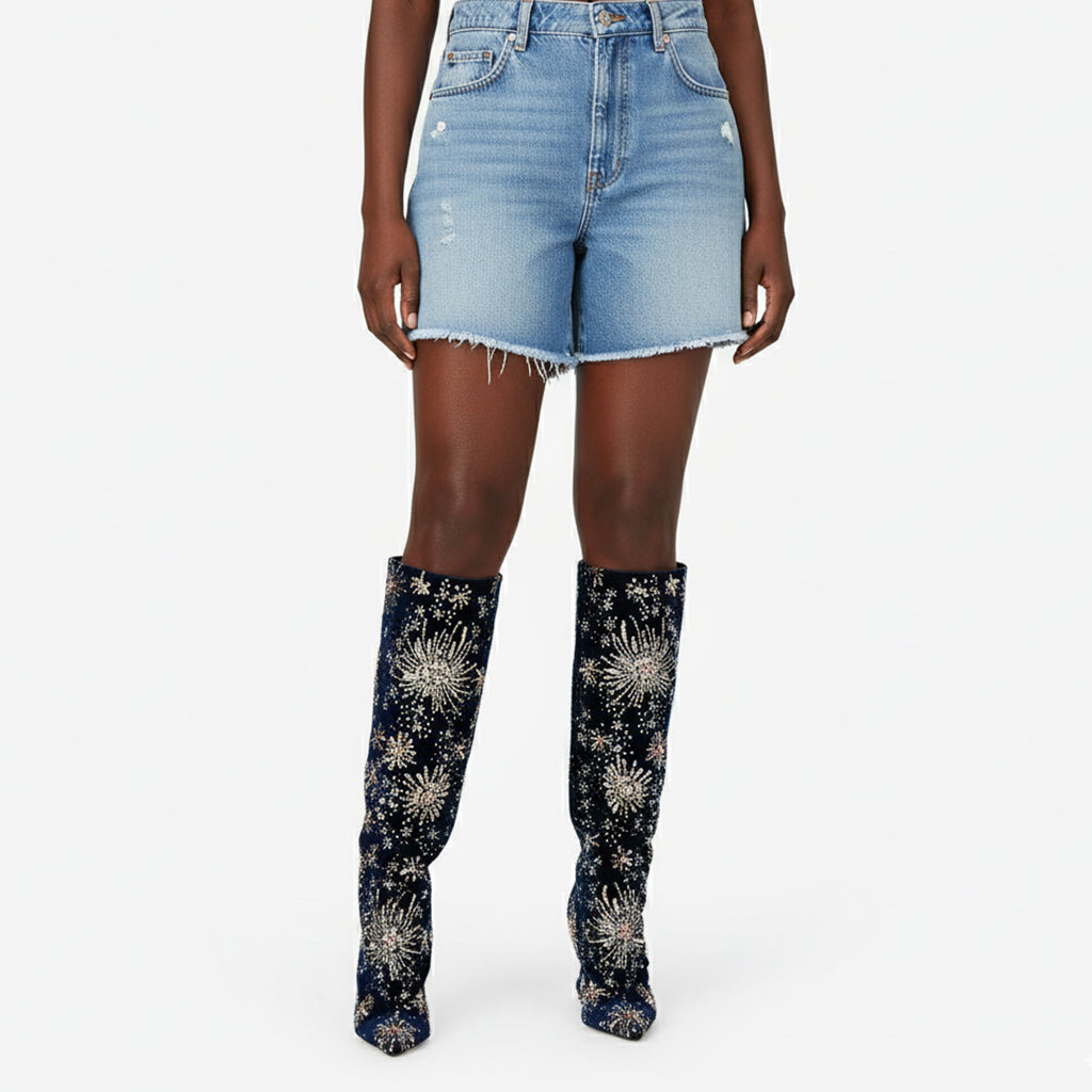 Tuhoomall Over The Knee Floral Embellished Chunky Heeled Boots For Parties And Fashionable Events