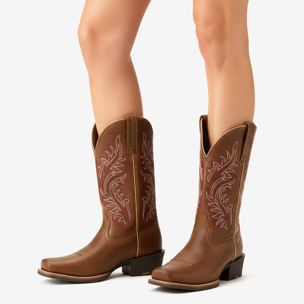Tuhoomall Western Floral Embroidered Mid-Heel Cowboy Boots for Women, Stylish Casual Footwear for All Seasons