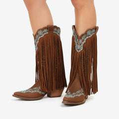 Tuhoomall Western Cowboy Boots for Women with Fringe, Embroidery and Studs - Stylish Casual Party Footwear with Chunky Heels