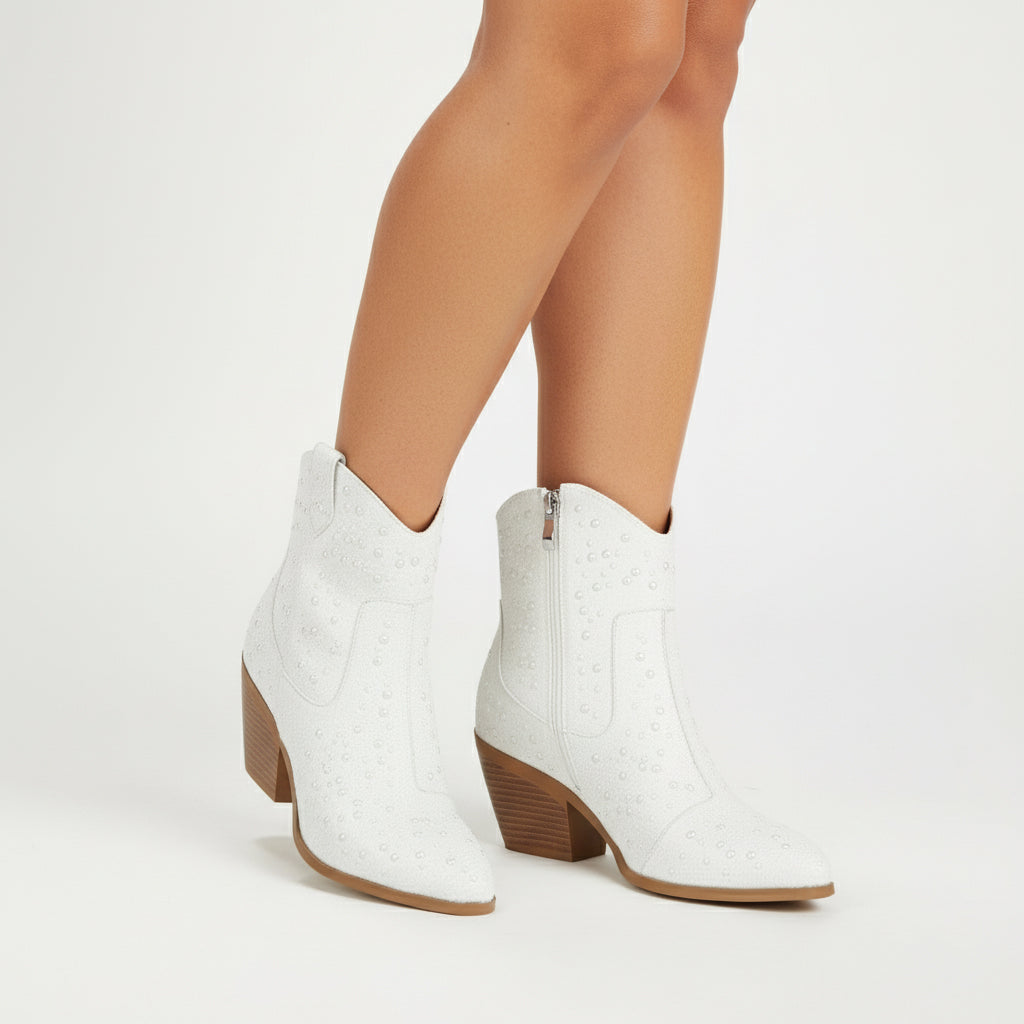 Tuhoomall Western LOW Heel Ankle Boots, Zipper Closure, Chic Rhinestone Detail, Solid Color, Perfect for Parties and All-Season Fashion