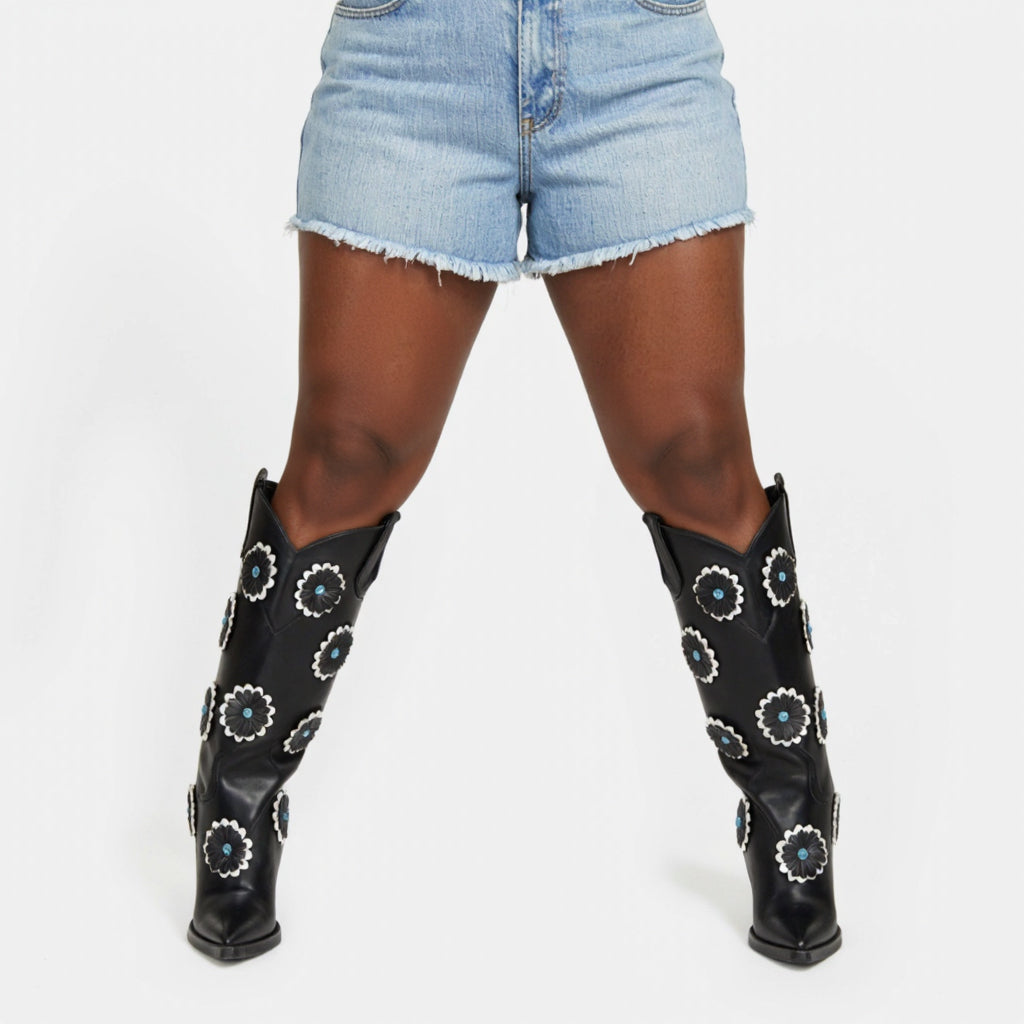 Tuhoomall Western Cowboy Knee High Boots for Women - Floral Pattern, Foldable Design, Chunky Heel, Perfect for Fashion, Outdoor and Casual Wear