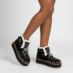 Tuhoomall Fashionable Ankle Boots with Adjustable Buckle, Studded Design, Rubber Sole for All-Season Style, Ideal for Parties and Casual Outings