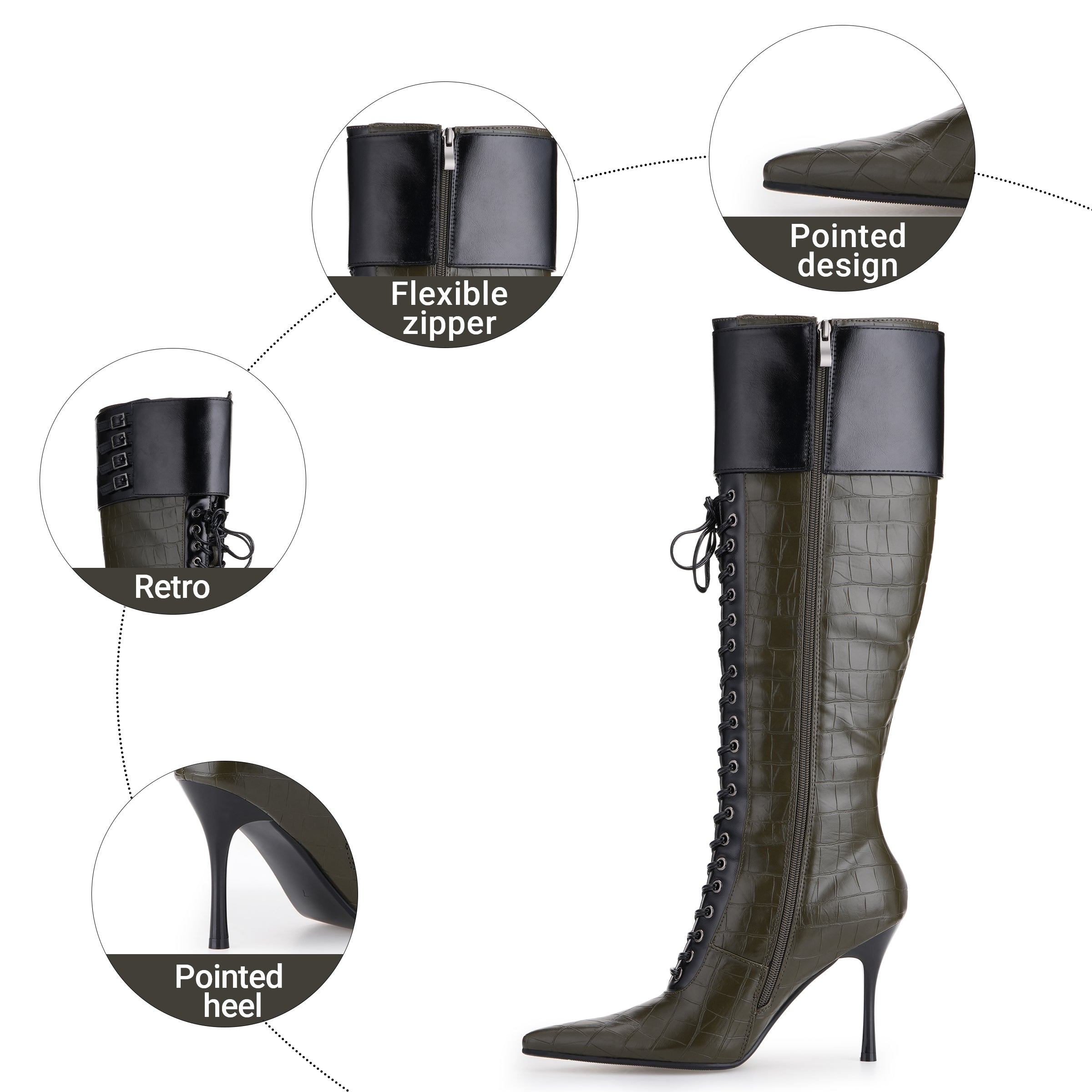 Tuhoomall Knee-High Pointed Toe Women's Fashion Boots with Cross Straps and Metal Accents for Parties and Performances, Stylish and Functional