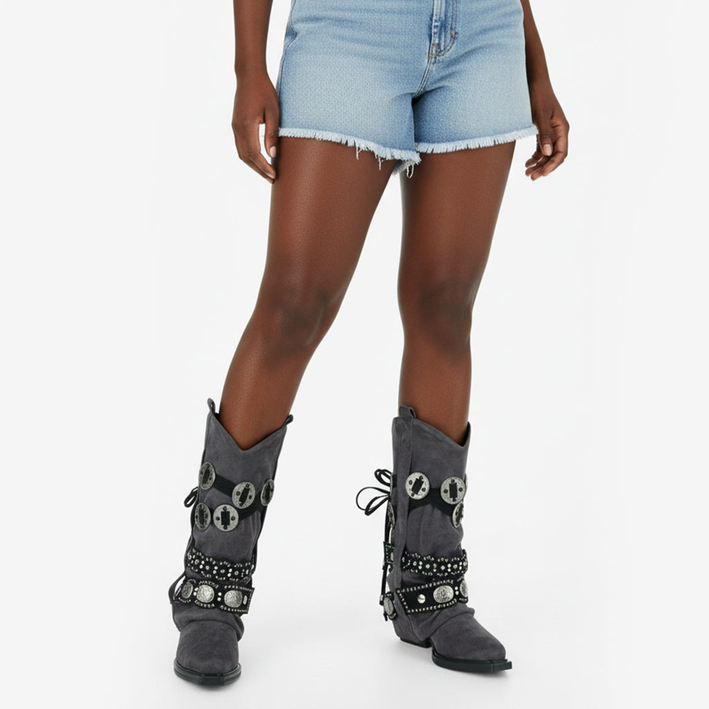 Tuhoomall Western Cowboy Boots for Women, Mid-Calf Pointed Toe, Chunky Heel Slip-On, Stylish Faux Suede with Hardware Accents, Ideal for All Seasons