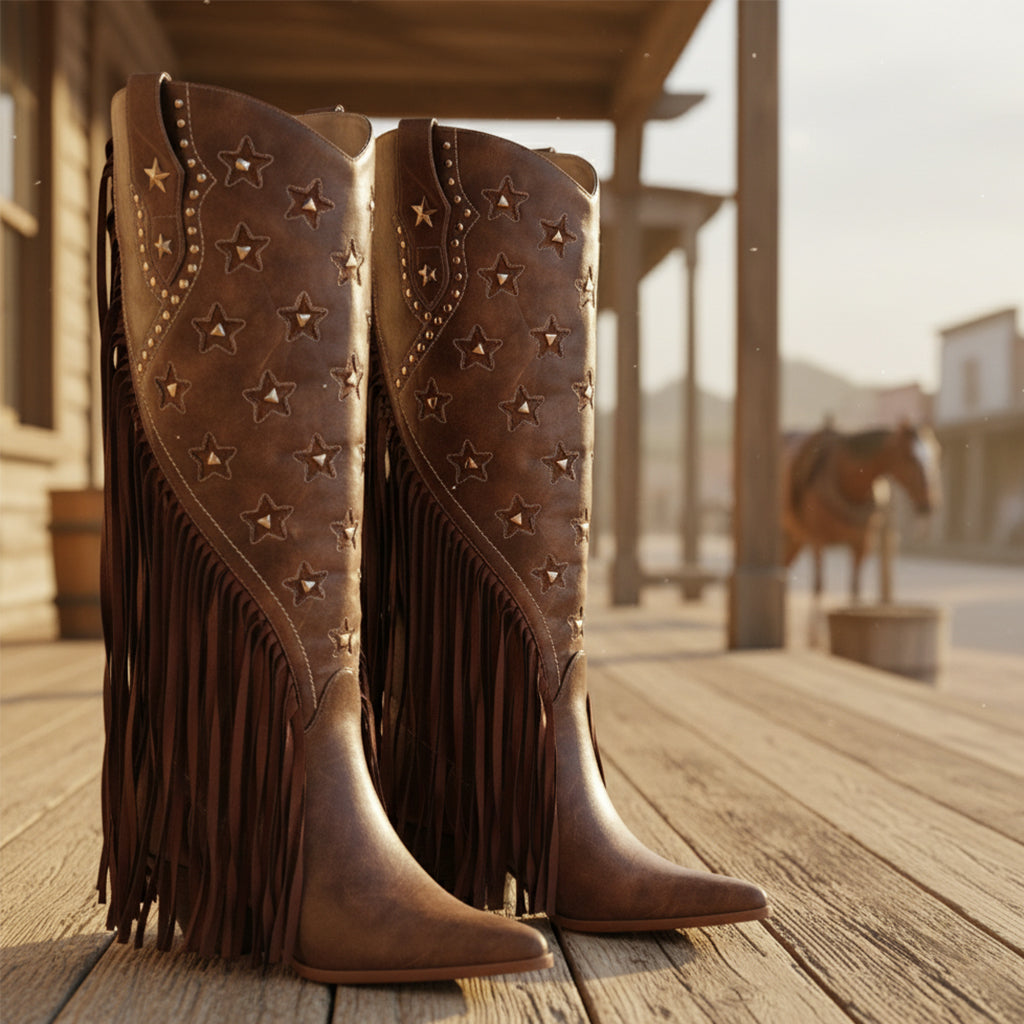 Tuhoomall Western Cowboy Knee-High Boot for Women, Comfortable Chunky Heel with Fringe, Star and Studded Design - Perfect for Fashion and Outdoor Events