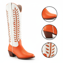 Tuhoomall Western Mid Calf Boots for Women, Embroidered Vegan Leather, Casual Chunky Heel, Spring Autumn Winter Fashion