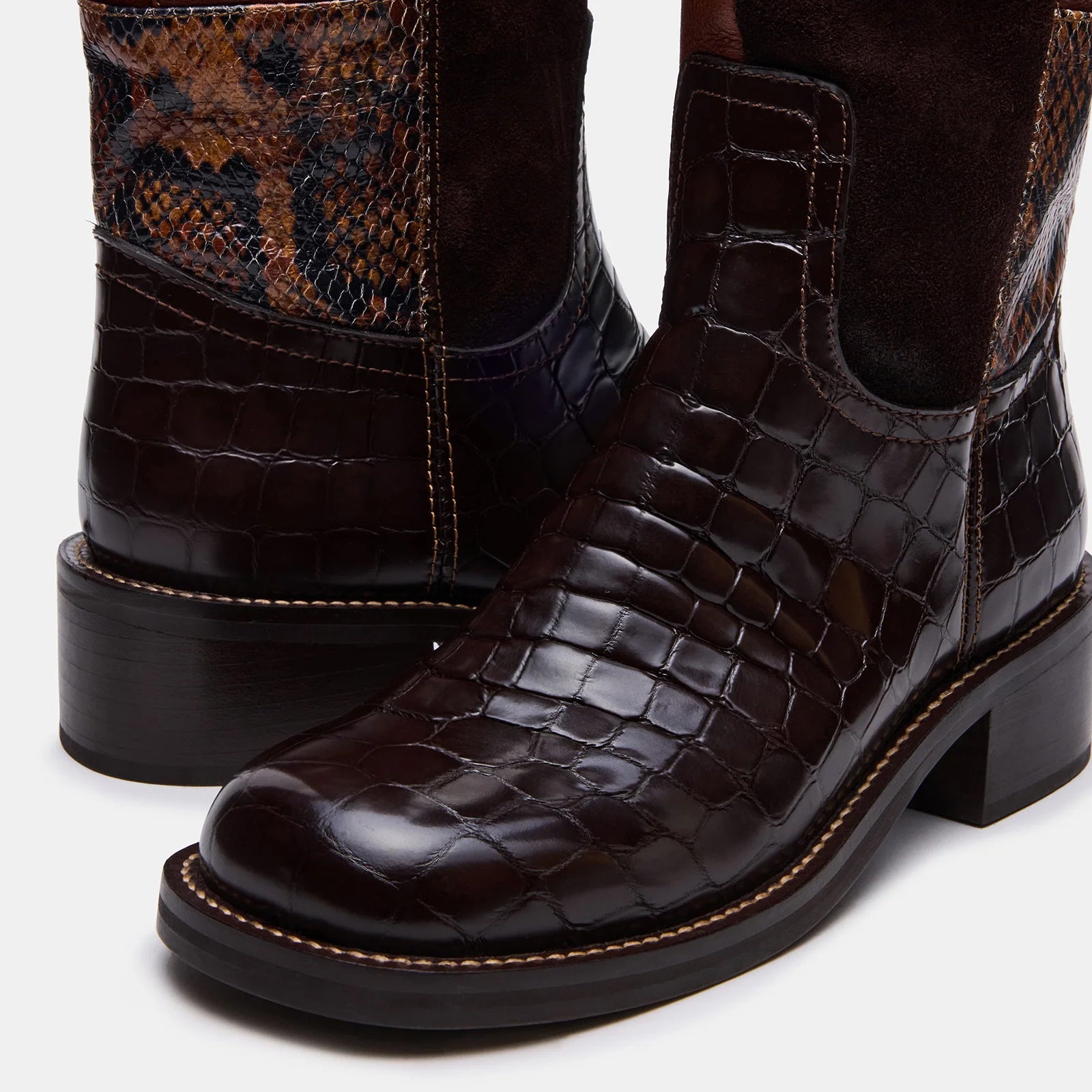 Tuhoomall Stylish Mid-Calf Boots for Parties and Evenings, Round Toe, Low Chunky Heel, Chic Patchwork Design with Snake, Crocodile, Leopard Print