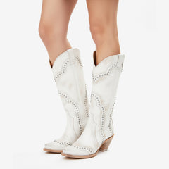 Tuhoomall Western Cowboy Boots for Women, Stitched Design, Fashion Casual Style, Chunky Heel, Mid-Calf Length, All-Season Wear