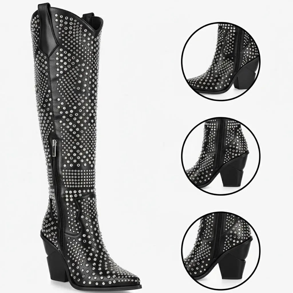 Tuhoomall Knee High Western Boots For Women, Western Style, Pointed Toe, Chunky Heel, Zipper Closure Perfect For Spring, Autumn, Winter Tuhoomall