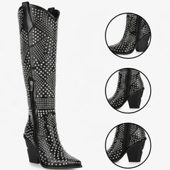 Tuhoomall Knee High Western Boots For Women, Western Style, Pointed Toe, Chunky Heel, Zipper Closure Perfect For Spring, Autumn, Winter Tuhoomall