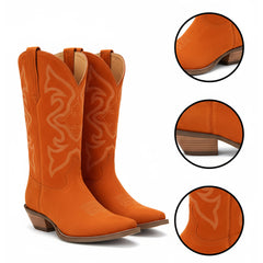 Tuhoomall Western Mid Calf Boots with Chunky Heel and Snip Toe - Casual Faux Suede Design with Embroidery for All Seasons