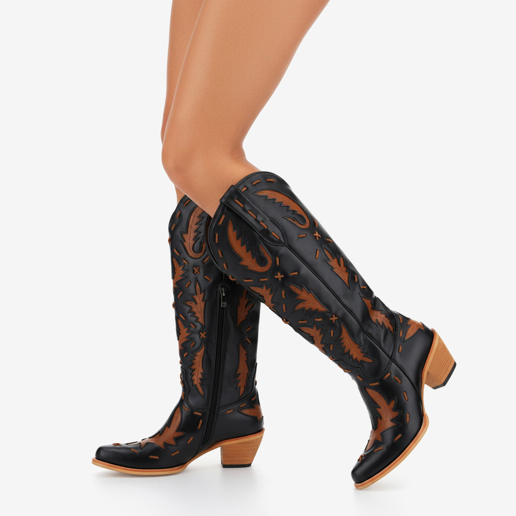 Tuhoomall Western Knee-High Cowboy Boots With Chunky Heel, Stylish Suede , Chic Patchwork Design For Comfort In Casual Outfits