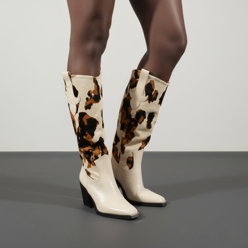 Tuhoomall Western Style Women's Ankle Boots With Lizard Pattern For Party And Dance, 8cm Chunky Heel, Easy Slip-On Design