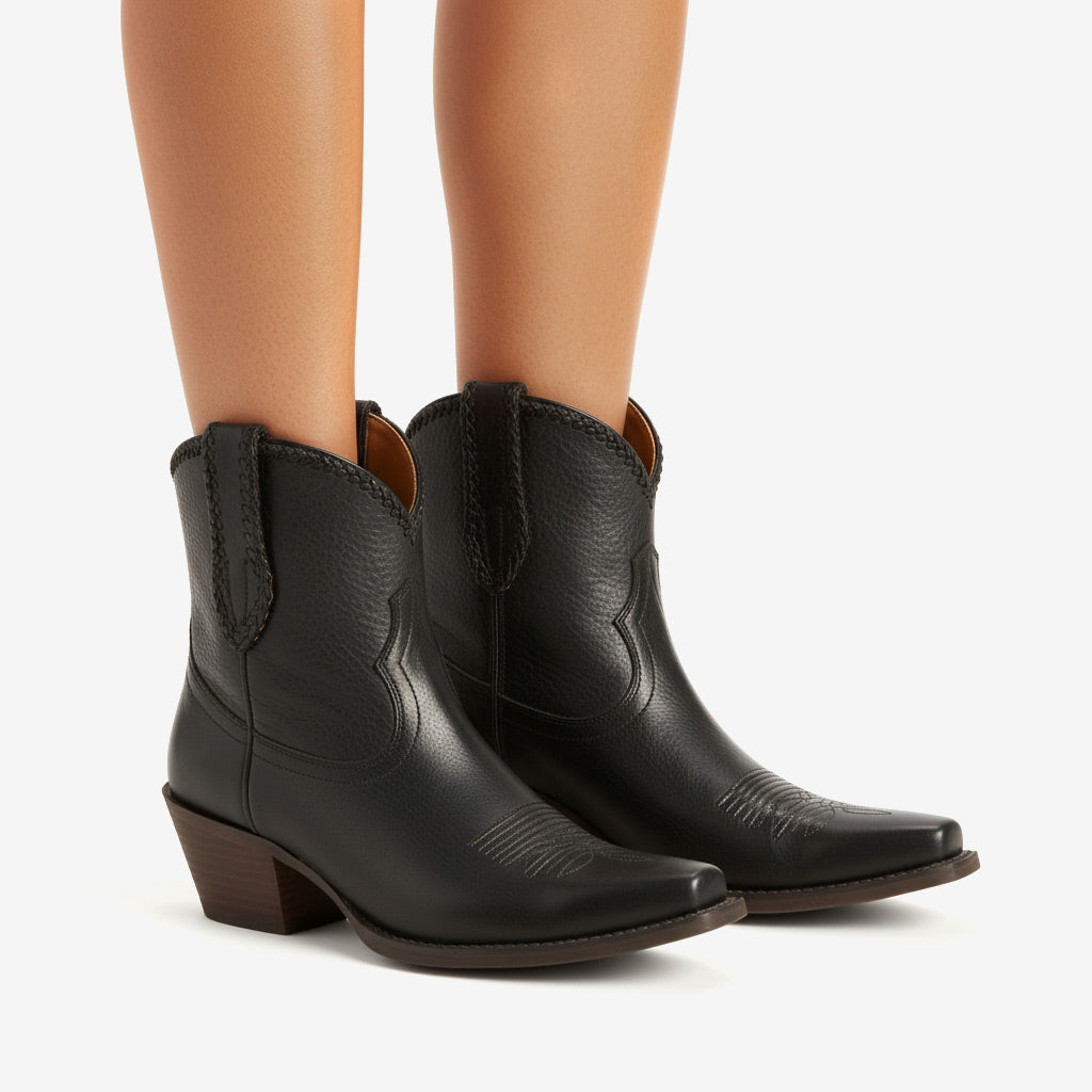 Tuhoomall Comfortable Western Style Ankle Boots for Women, Casual Workwear, Round Toe, Chunky Heel, Seasonless, Woven Colorblock Design