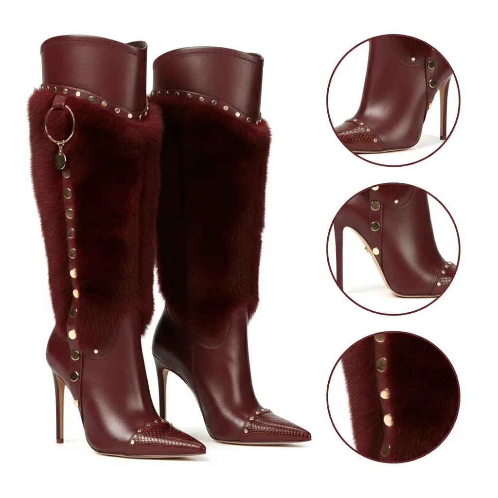 Tuhoomall Heel Fashion Boots for Women, Elegant Pointed Toe High Heels with Studs and Faux Fur, Ideal for Parties and Performances Tuhoomall