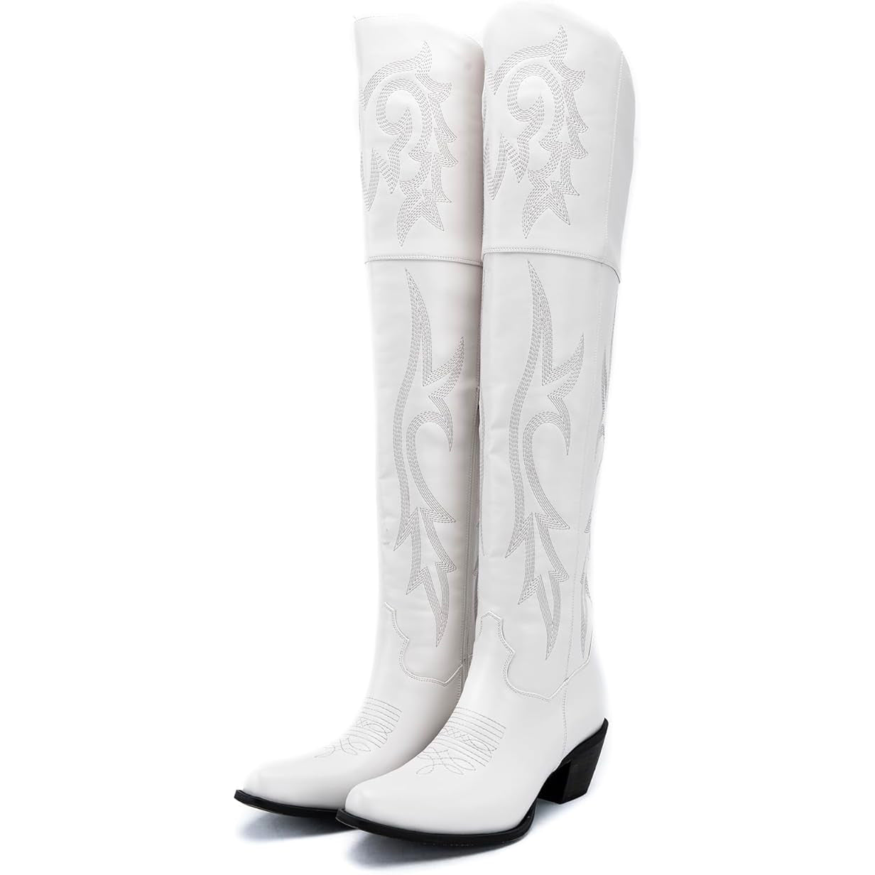 Tuhoomall Western Over-the-Knee Boots for Women, Chunky Heel, Snip-Toe, Embroidered, Slip-On, Distressed Style for Parties and Casual Outings