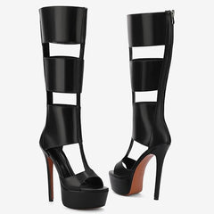 Tuhoomall Fashion High Heeled Sandals For Summer, Knee-High Boots With Waterproof Platform, Chic Casual Style, Zipper Closure
