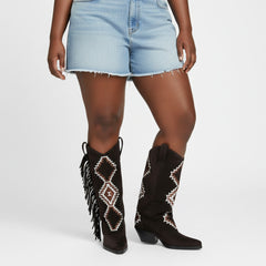 Tuhoomall Western Style Mid-Calf Booties with Colorful Geometric Patterns and Floral Embroidery - Perfect for Bohemian Chic Casual Outfits