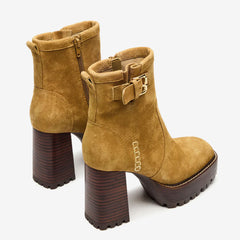 Tuhoomall Waterproof Chunky Heeled Ankle Boots for Outdoor, Work, and Casual Fashion - Adjustable Buckle, Zipper Closure, Quilted Suede