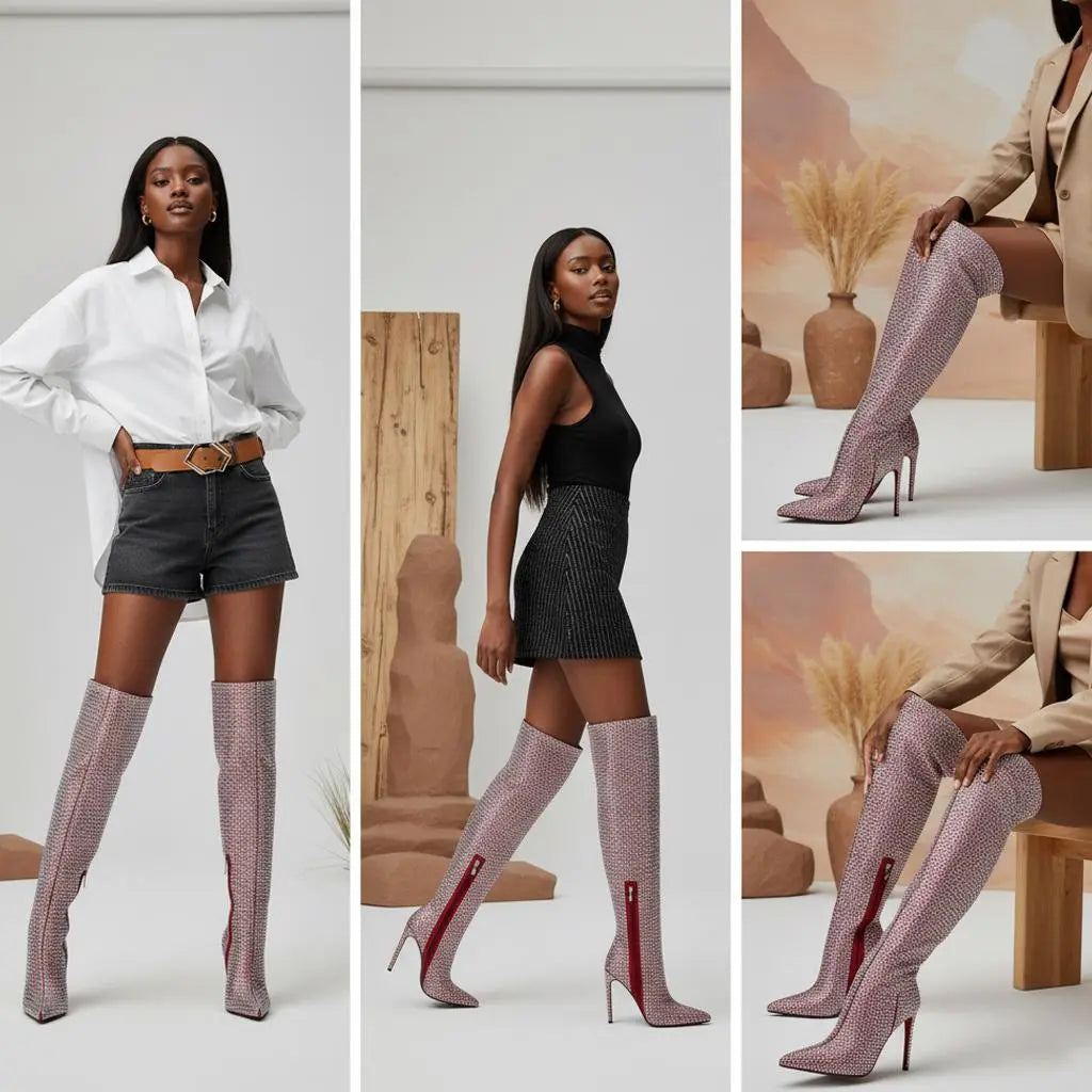 Tuhoomall Over-The-Knee Party Boots with Polka Dot Rhinestones, 12cm Stiletto Heels for Fashionable Evening Wear Tuhoomall