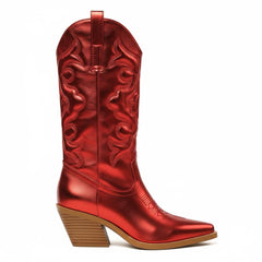 Tuhoomall Comfortable Western Boots for Women – 6cm Low Chunky Heel, Slip-On Design with Floral Embroidery - Fashionable All-Season Style