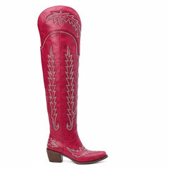 Tuhoomall Western Knee High Boots for Women, Floral Embroidery, Rubber Sole, Adjustable Buckle, Chunky Heel, All-Season Casual Wear