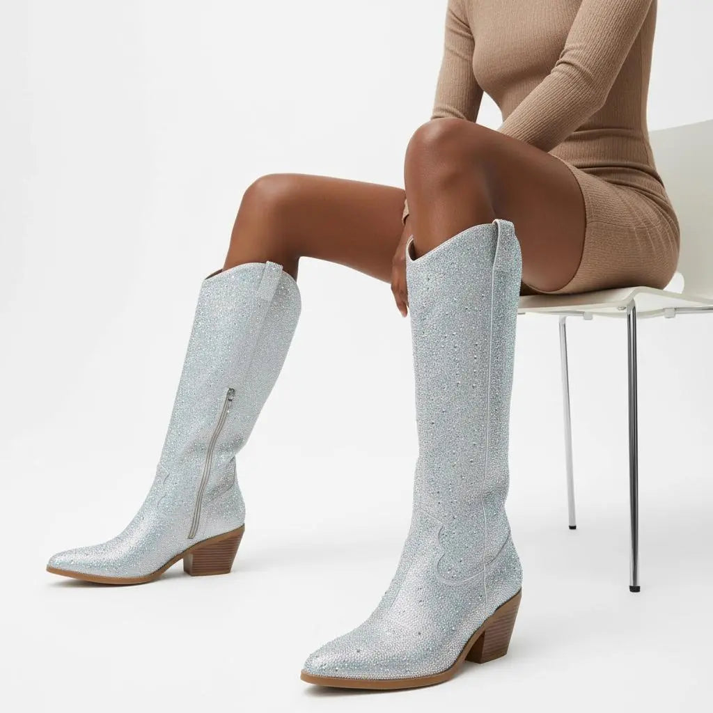 Tuhoomall Rhinestone Western Mid Calf Boots For Women - Chunky Heel & Easy Zip Closure, Stylish For Travel And Weddings Tuhoomall