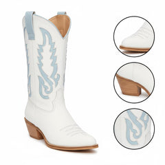 Tuhoomall Western Cowboy Boots for Women, Chunky Heel, Pointed Toe, Slip-On Design, Embroidered Detail, Casual Style, Year-Round Versatility
