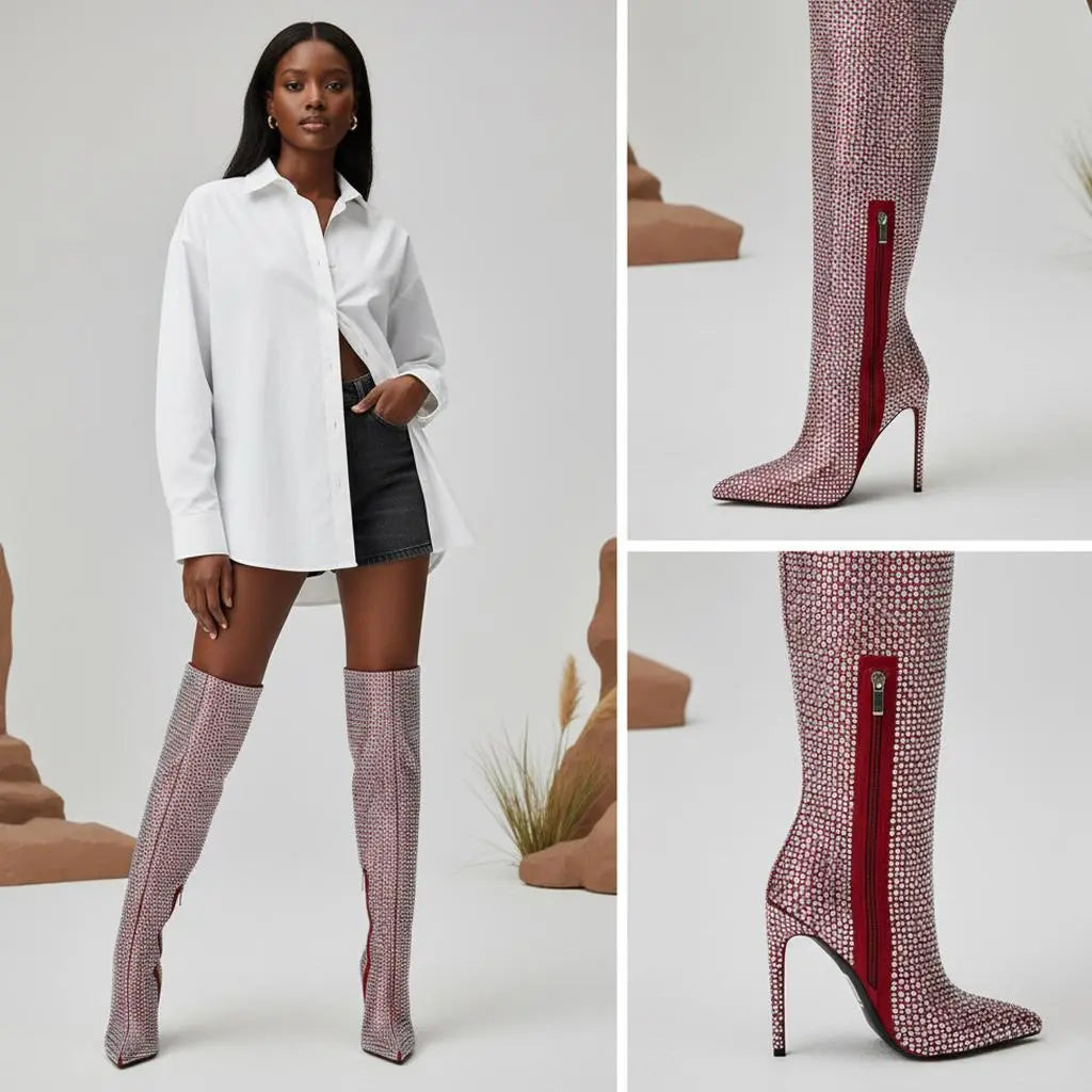 Tuhoomall Over-The-Knee Party Boots with Polka Dot Rhinestones, 12cm Stiletto Heels for Fashionable Evening Wear Tuhoomall