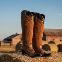 Tuhoomall Western Cowgirl Knee-High Boots, Snip-Toe Chunky Heel, Animal Print, Stylish Faux Suede, Easy Zip Closure