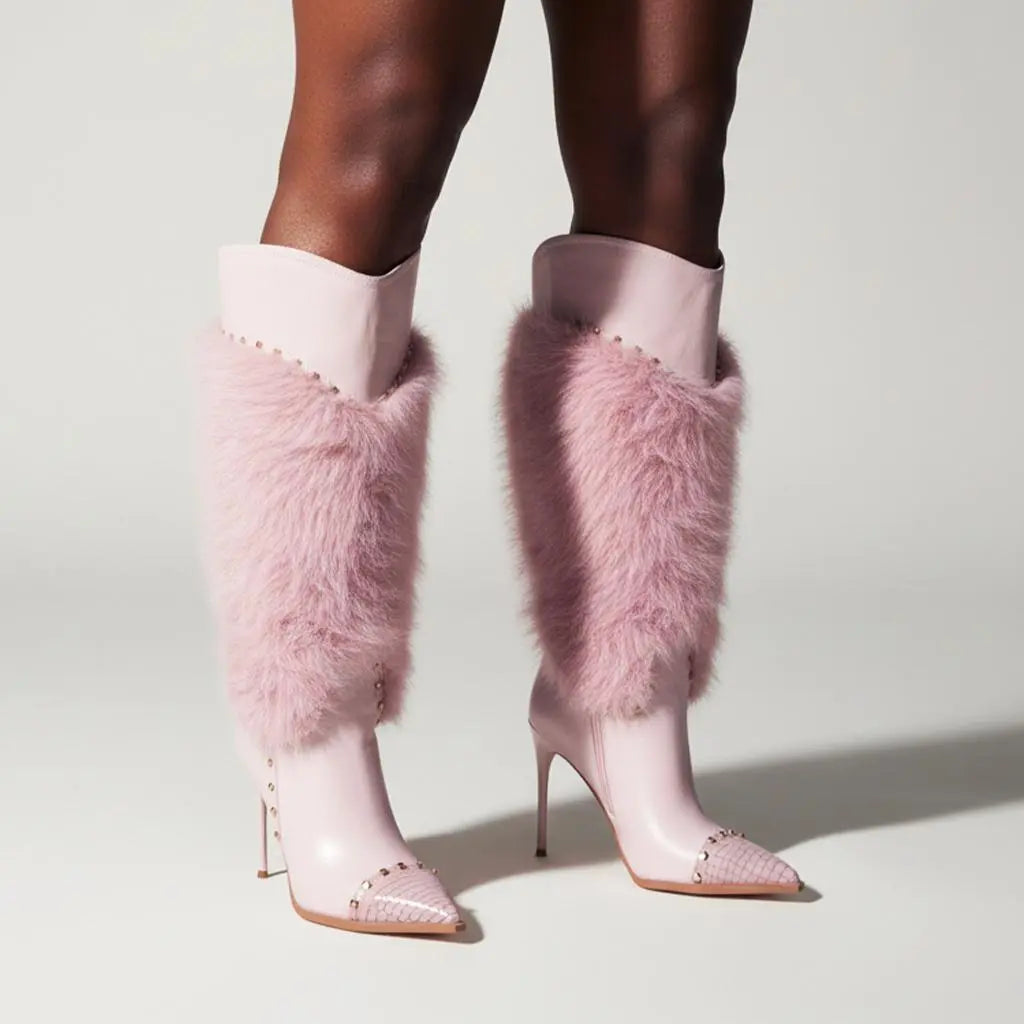 Tuhoomall Heel Fashion Boots for Women, Elegant Pointed Toe High Heels with Studs and Faux Fur, Ideal for Parties and Performances Tuhoomall