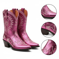 Tuhoomall Metallic Western Ankle Boots for Women - Stylish Slip-On Design with Embroidered Floral Pattern, Casual All-Season Footwear