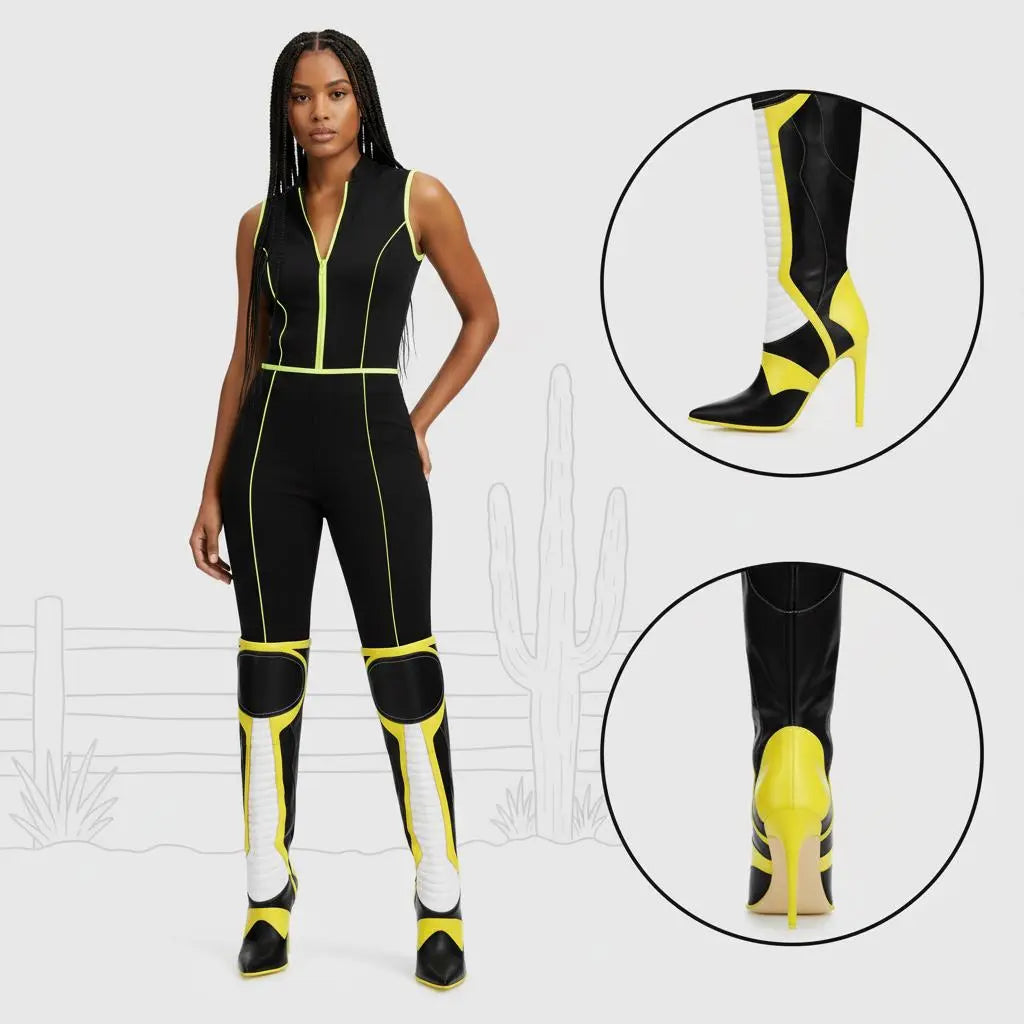 Tuhoomall Knee High Boots, Comfortable Stiletto Heels, Slip-Resistant Design, Stylish Striped Patchwork for Parties and Performances Tuhoomall