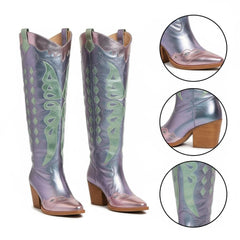 Tuhoomall Western Cowgirl Mid Calf Boots with Snip-Toe and Chunky Heel for Fashion Parties and Performances, Animal Pattern, Metallic Bright Surface