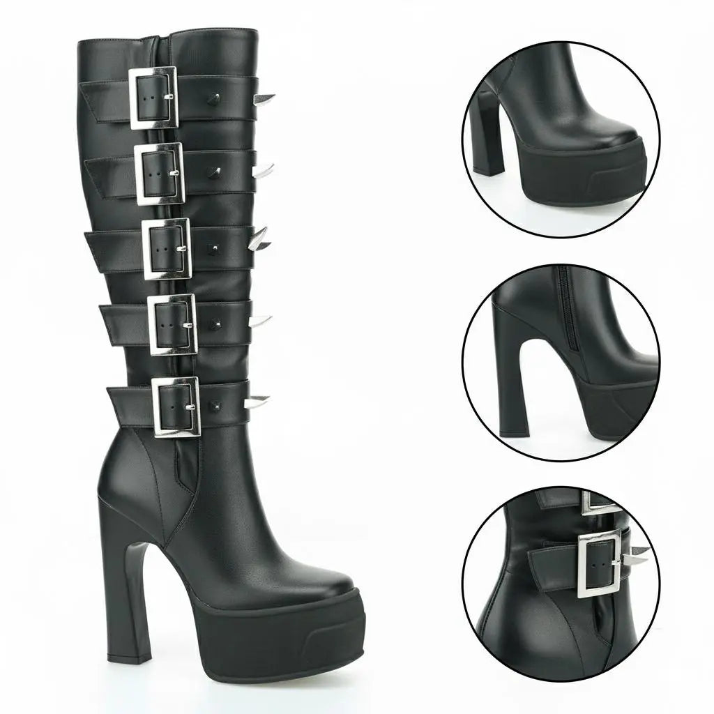 Tuhoomall Knee High Gladiator Style Thick Sole Party Boots with Adjustable Buckle and Studded Zipper for Fashionable Casual Events Tuhoomall