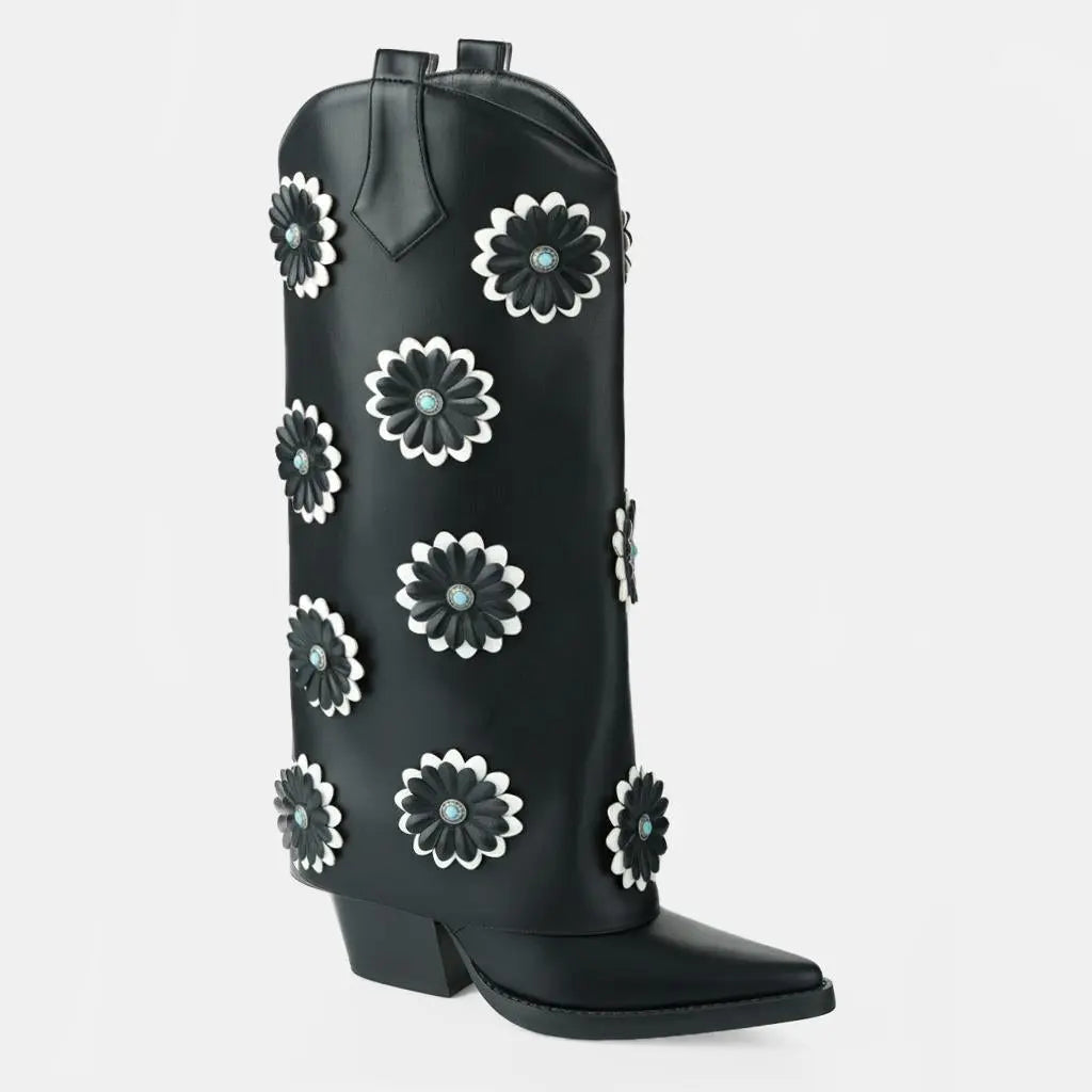 Tuhoomall Western Cowboy Knee High Boots for Women - Floral Pattern, Foldable Design, Chunky Heel, Perfect for Fashion, Outdoor and Casual Wear Tuhoomall