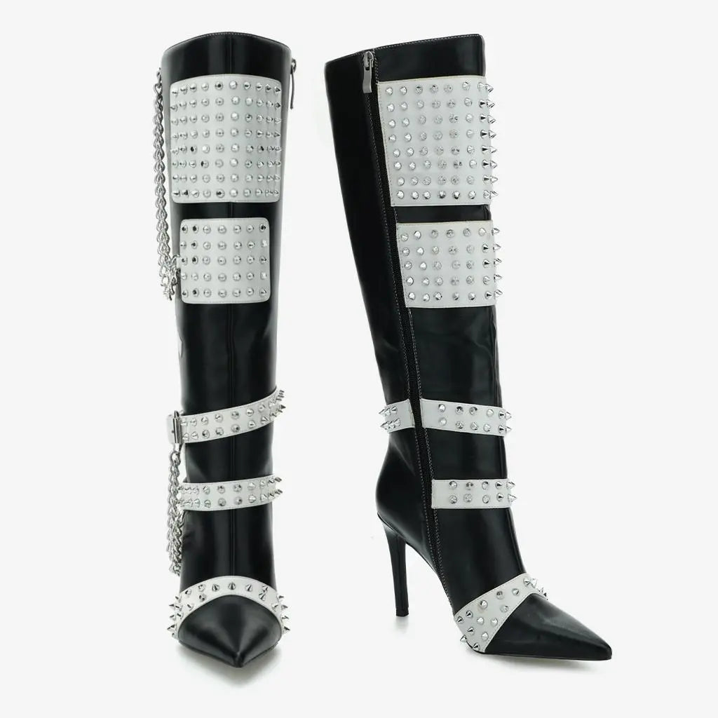 Tuhoomall Stiletto Knee-High Boots with Metallic Studs and Chic Design for Parties and Performances Tuhoomall