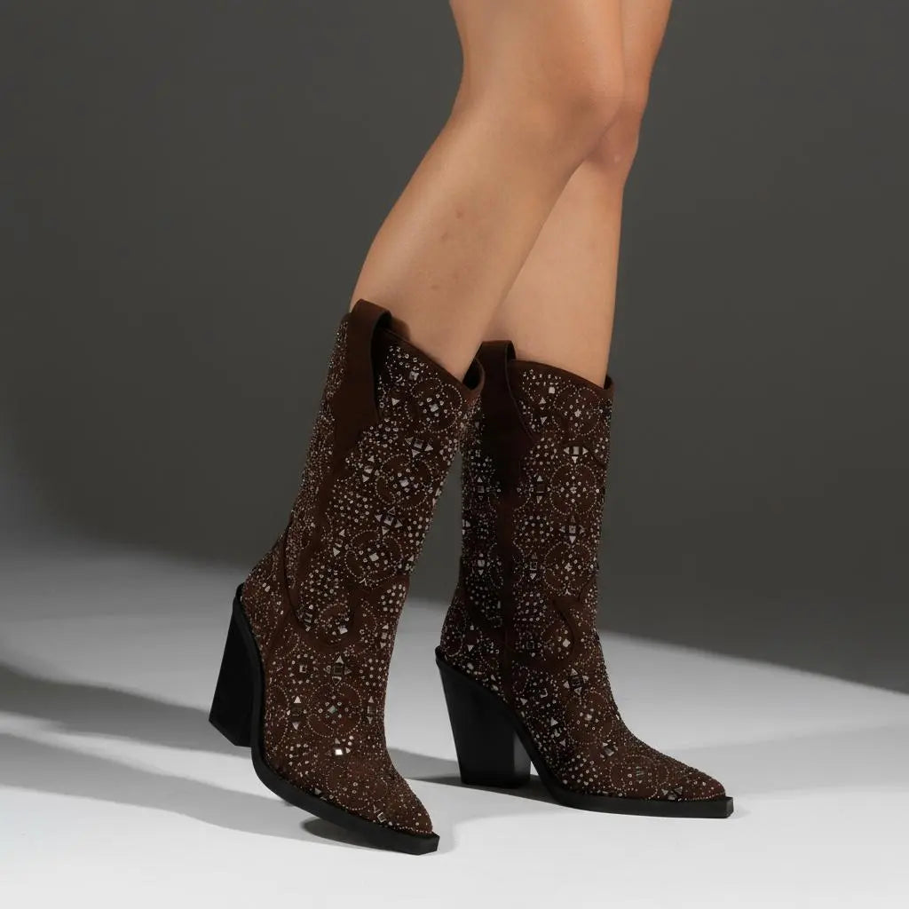 Tuhoomall Western Floral Embellished Mid-Calf Boots for Women, Comfortable Chunky Heel, Perfect for Bohemian Parties and Performances Tuhoomall
