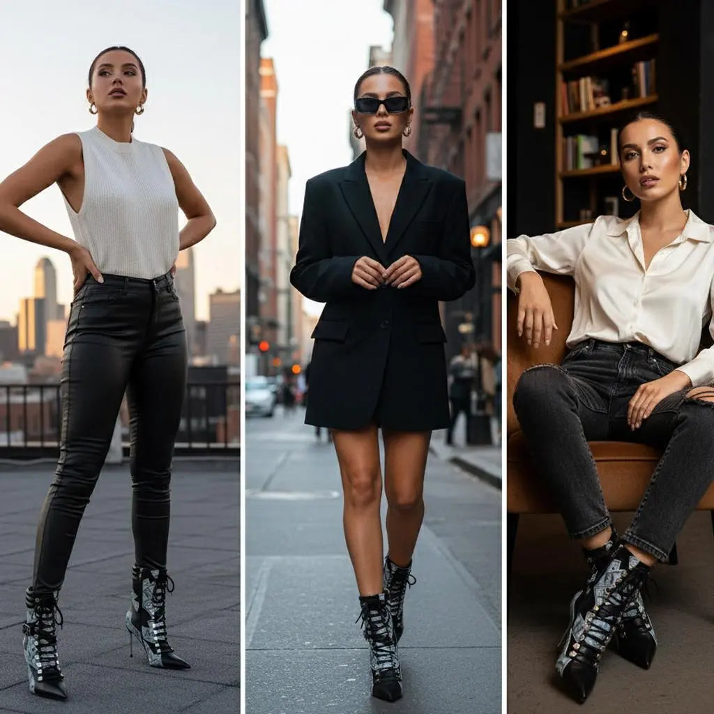 Tuhoomall Boots, Trendy PU Leather, 9cm Slim Heels, Lace-Up Closure, Perfect for Parties and Weddings Tuhoomall