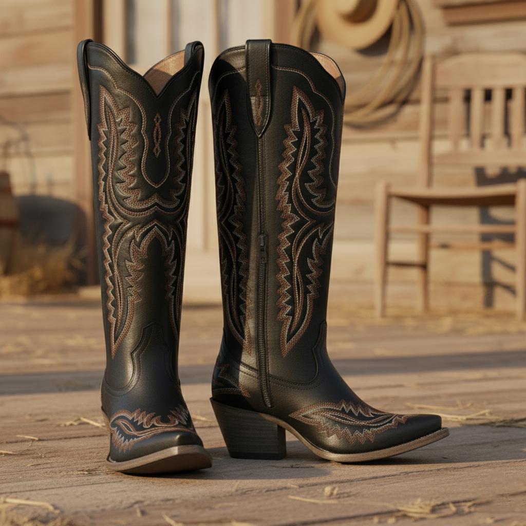 Tuhoomall Western Over-the-Knee Boots for Women, Floral Embroidered Chunky Heel, Comfortable Slip-On, Stylish for Travel and Outdoor Fashion