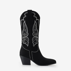 Tuhoomall Western Cowgirl Boots, Comfortable Mid Calf, Chunky Heel, Pointed Toe, Stylish Animal Pattern with Rhinestones for Casual and Party Wear